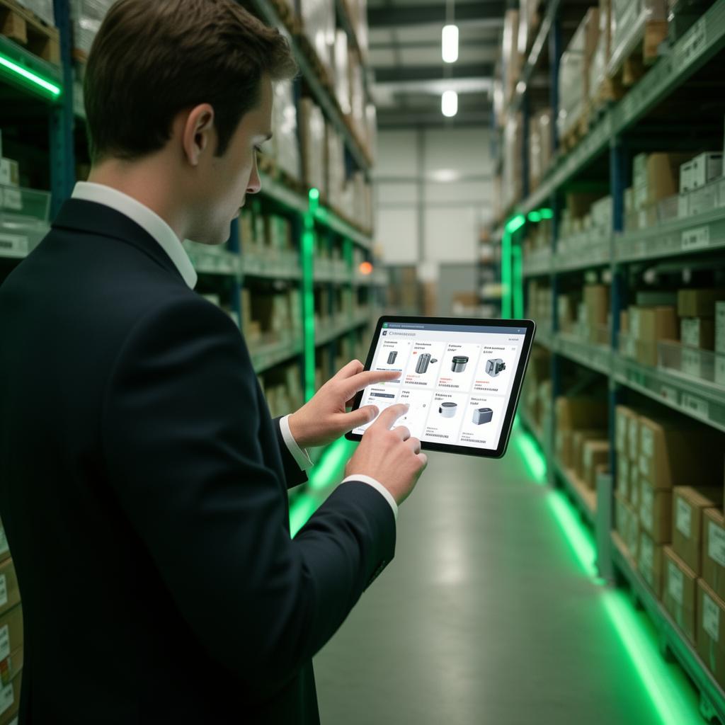 Representante comercial usando sistema Webger no tablet em depósito