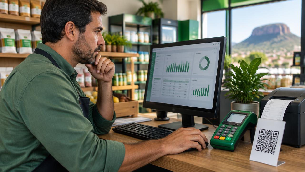 Comerciante conciliando pagamento por cartão e PIX com documento fiscal no sistema de gestão
